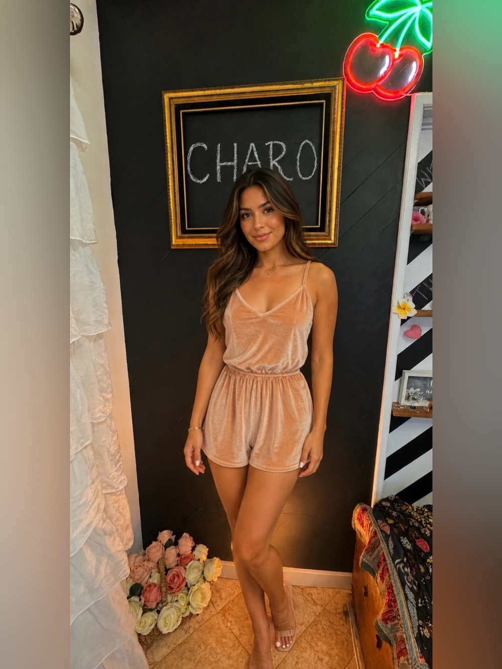 Velvet V-Neck Spaghetti Strap Romper Blush Pink